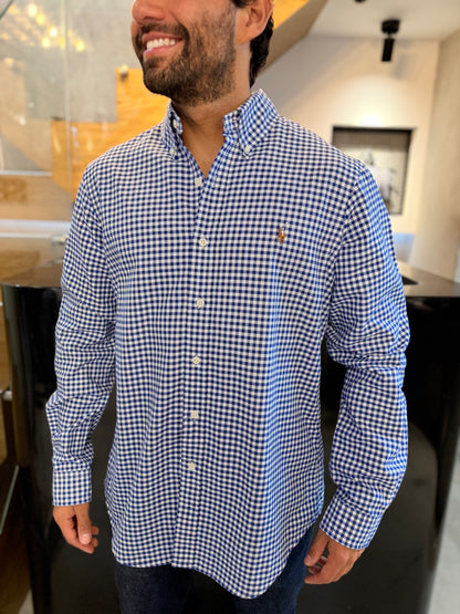 Camisa Polo R.L hombre Oxford Cuadros Azules con Blanco Caballo Multicolor