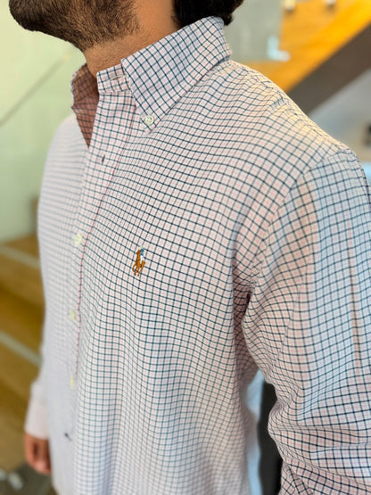 Camisa Polo R.L hombre Oxford Custom Fit Cuadros Blancos Con Rosa Caballo Multicolor