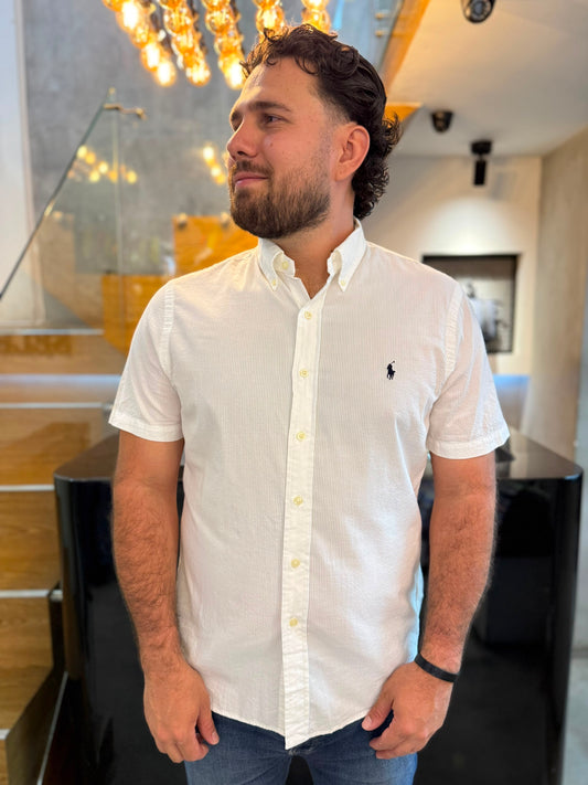 Camisa Polo R.L hombre Galleta Slim fit Manga Corta Blanca Caballo Azul