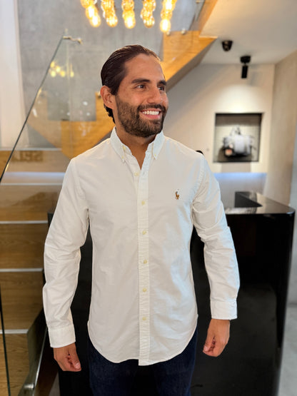 Camisa Polo R.L hombre Oxford Slim Fit Blanca Caballo Multicolor