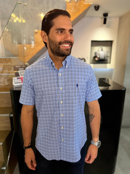 Camisa Polo R.L hombre Manga Corta Performance Cuadros Azules Caballo Azul