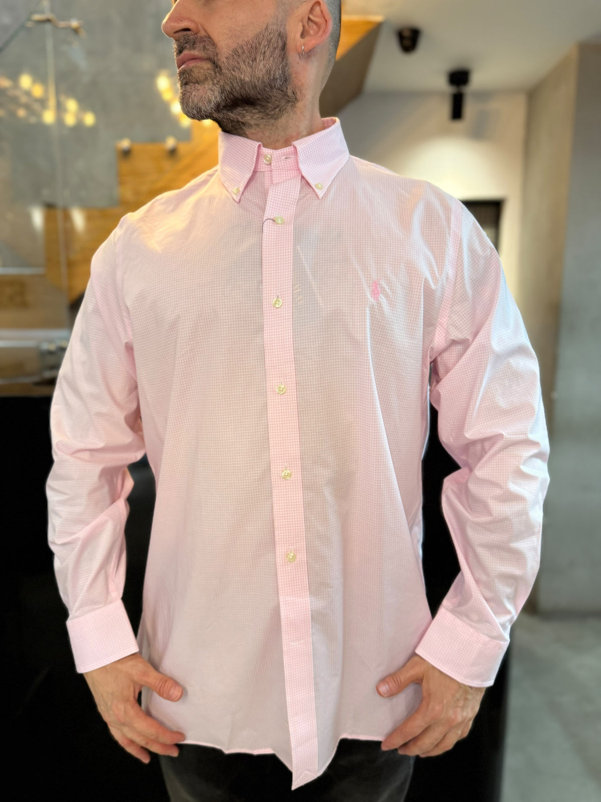 Camisa Polo R.L hombre Algodón Cuadros Rosados Con Blanco Caballo Rosado