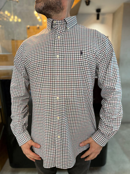 Camisa Polo R.L hombre Algodón Cuadros Blancos Caballo Cafe