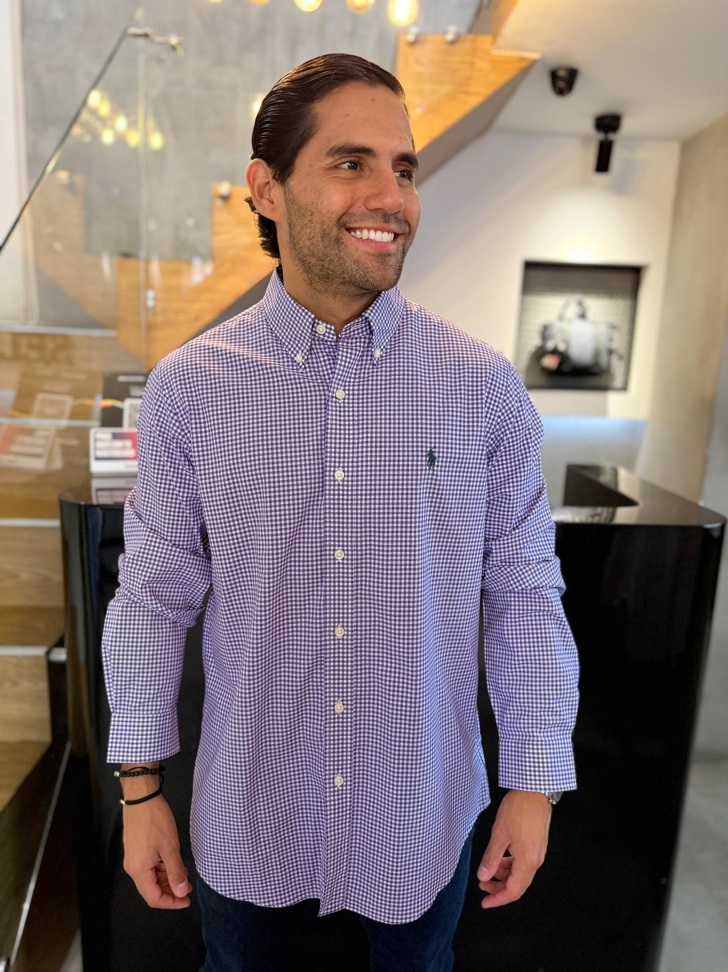 Camisa Polo R.L hombre Algodón Cuadros Morados Caballo Verde
