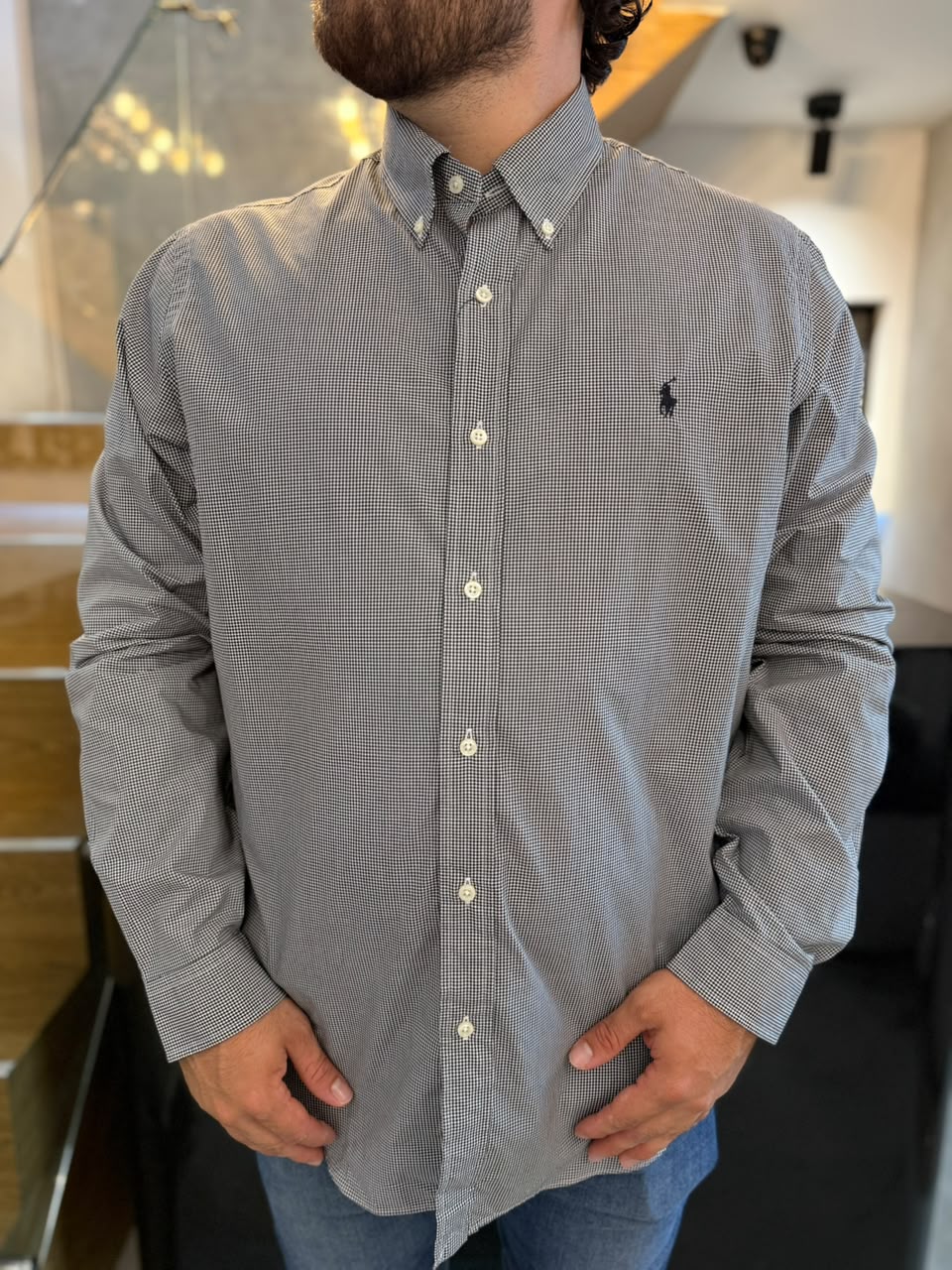 Camisa Polo R.L hombre Algodón Cuadros Negros Caballo Negro