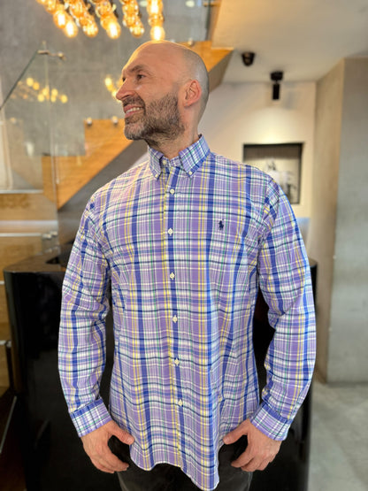 Camisa Polo R.L hombre Algodón Cuadros Lilas Con Azul Caballo Azul