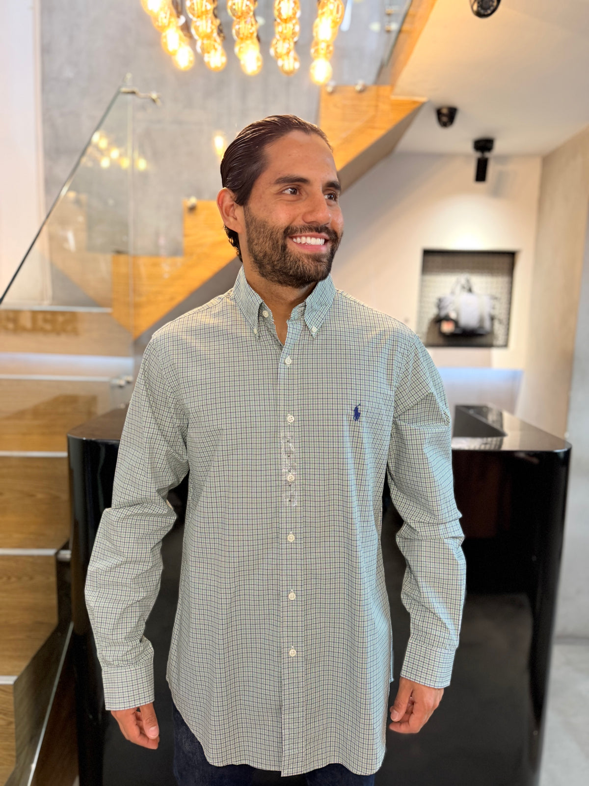 Camisa Polo R.L hombre Algodón Cuadros Caballo Azul