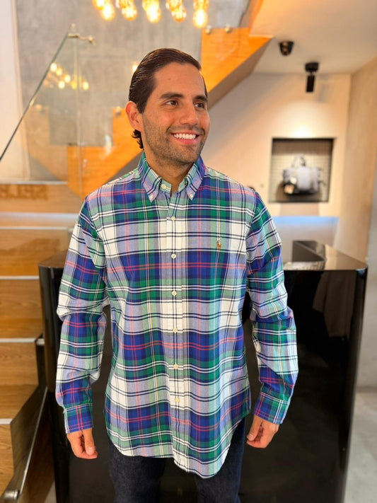 Camisa Polo R.L hombre Oxford Cuadros Verdes con Blanco Caballo Multicolor