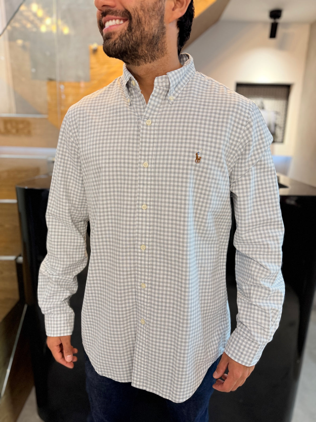 Camisa Polo R.L hombre Oxford Cuadros Grises con Blanco Caballo Multicolor