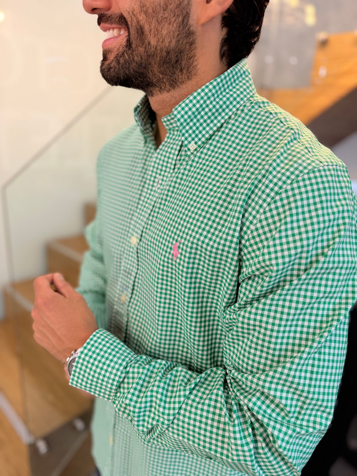 Camisa Polo R.L hombre Algodón Cuadros Verdes Con Blanco Caballo Rosa