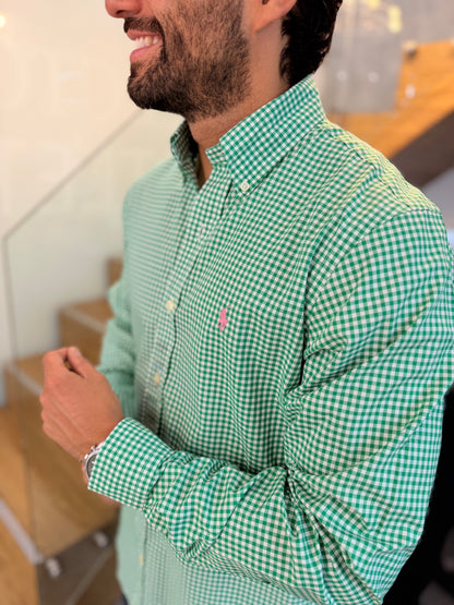 Camisa Polo R.L hombre Algodón Cuadros Verdes Con Blanco Caballo Rosa