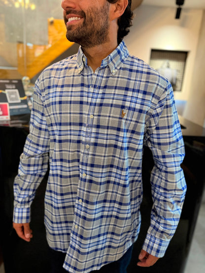 Camisa Polo R.L hombre Oxford Gris Con Azul Caballo Multicolor