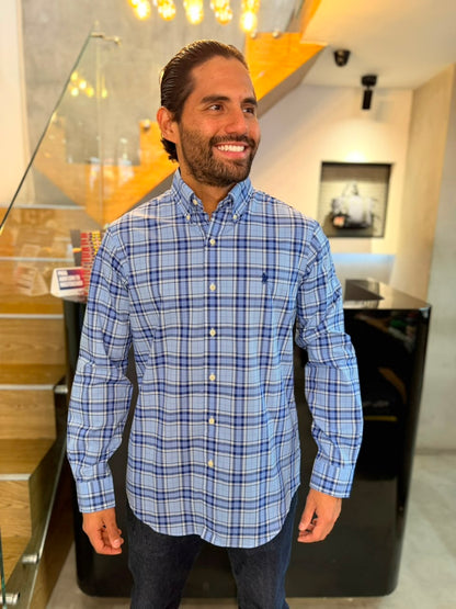 Camisa Polo R.L hombre Algodón Cuadros Celestes Con Azul Caballo Azul