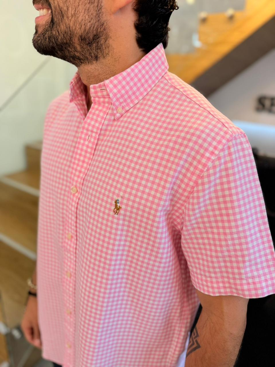 Camisa Polo R.L hombre Manga Corta Oxford Cuadros Rosados Con Blanco Caballo Multicolor