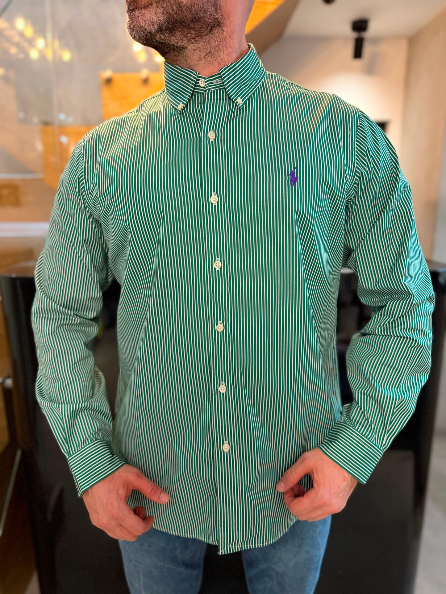 Camisa Polo R.L hombre Algodón Rayas Verdes Caballo Morado
