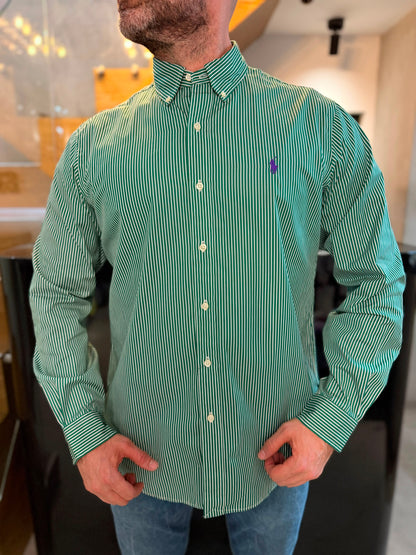 Camisa Polo R.L hombre Algodón Rayas Verdes Caballo Morado