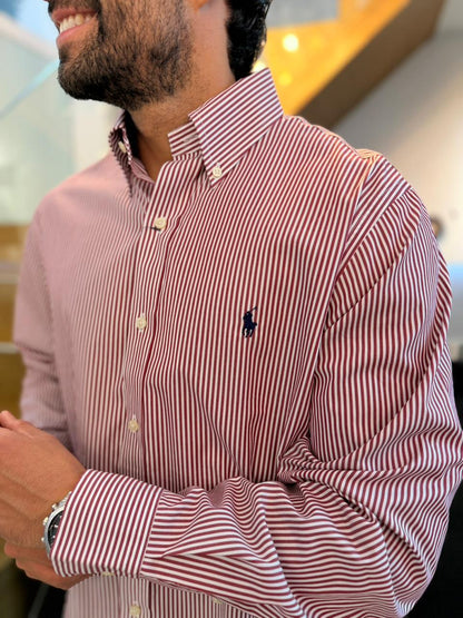 Camisa Polo R.L hombre Algodón Rayas Vinotinto Con Blanco Caballo Azul