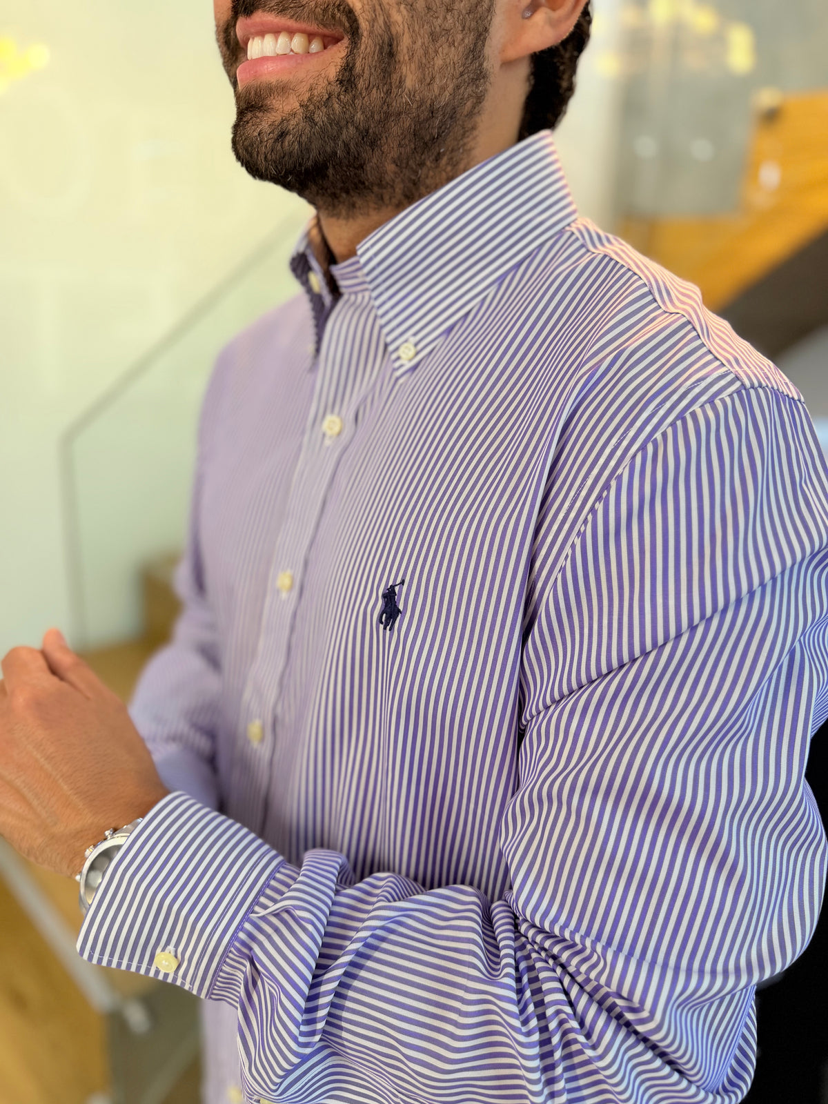 Camisa Polo R.L hombre Algodón Custom Fit Rayas Moradas Con Blanco Caballo Azul