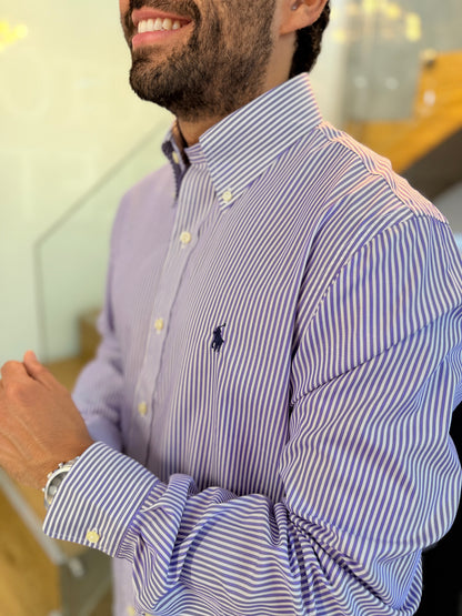 Camisa Polo R.L hombre Algodón Custom Fit Rayas Moradas Con Blanco Caballo Azul