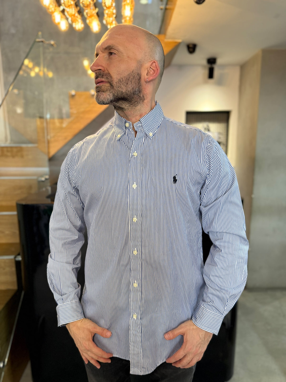 Camisa Polo R.L hombre Algodón Rayas Azul Oscuro Con Blanco Caballo Negro