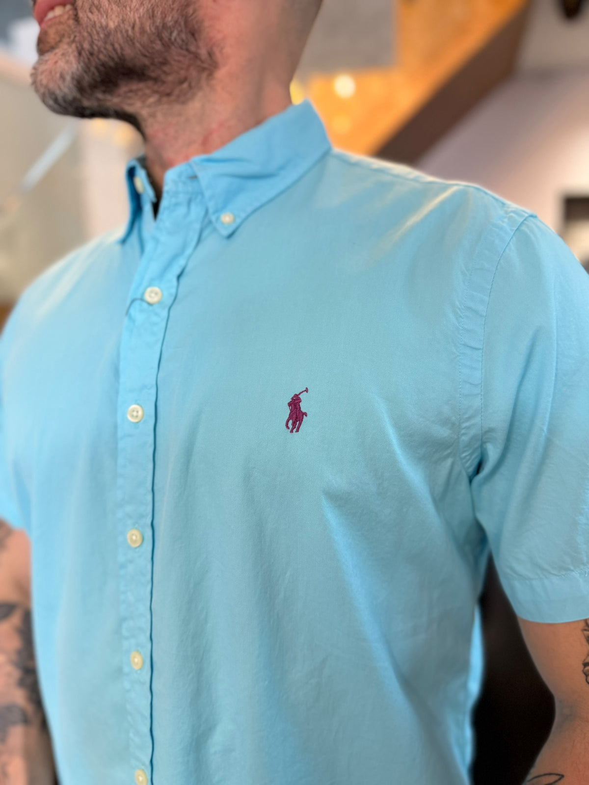 Camisa Polo R.L hombre Algodón Manga Corta Azul Clara Caballo Uva