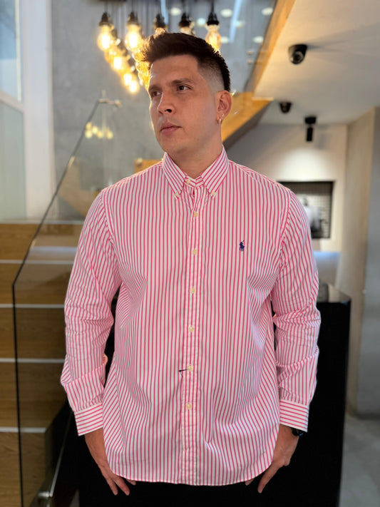 Camisa Polo R.L hombre Algodón Rayas Rosadas Caballo Azul