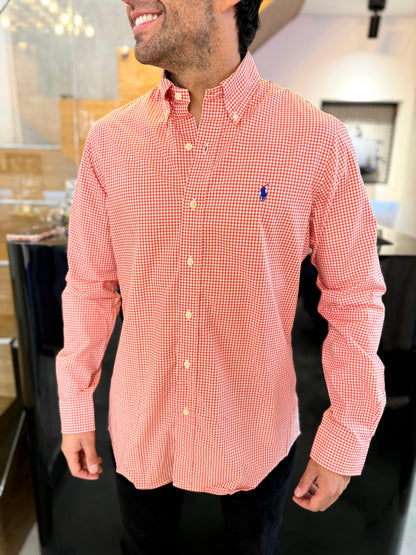 Camisa Polo R.L hombre Algodón Cuadros Naranjas Caballo Azul