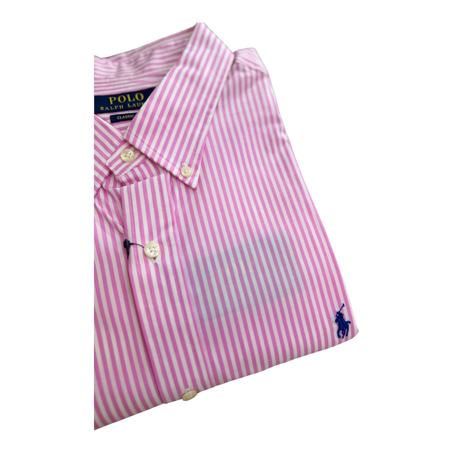 Camisa Polo R.L hombre Algodón Blanca Rayas Rosadas Caballo Azul