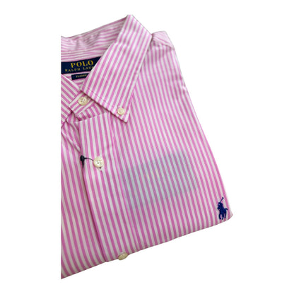 Camisa Polo R.L hombre Algodón Blanca Rayas Rosadas Caballo Azul