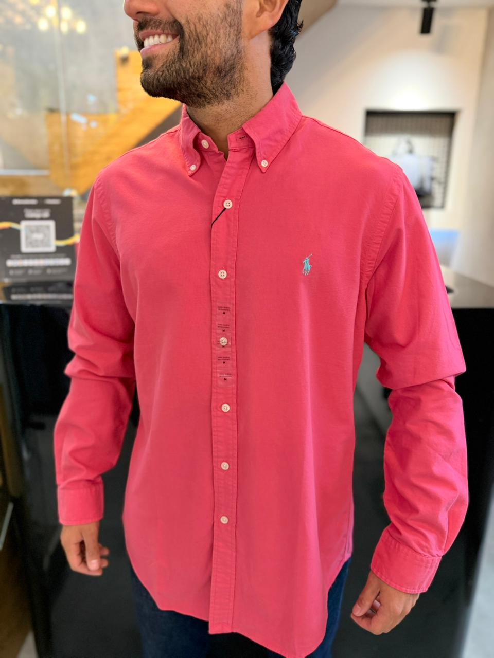 Camisa Polo R.L hombre Oxford Coral Caballo Celeste