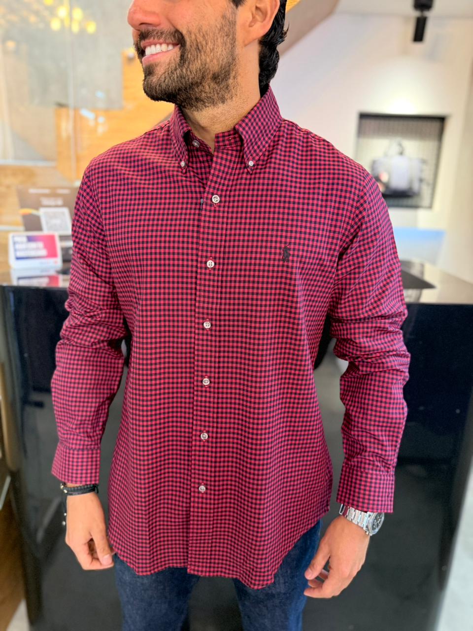 Camisa Polo R.L hombre Algodón Cuadros Rojos Con Negro Caballo Negro