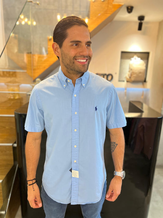 Camisa Polo R.L hombre Algodón Manga Corta Celeste