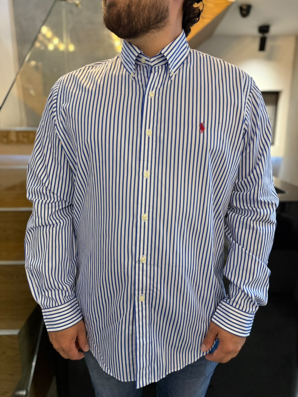 Camisa Polo R.L hombre Algodón Rayas Azules Caballo Rojo