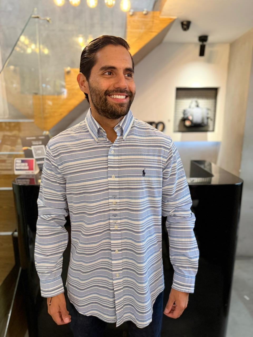 Camisa Polo R.L hombre Galleta Rayas Azules Con Blanco Caballo Negro