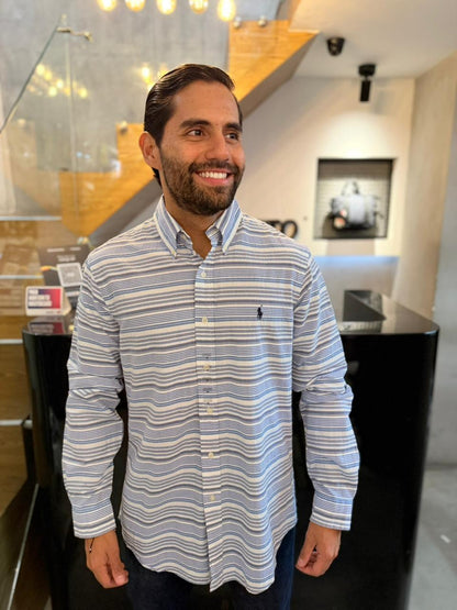 Camisa Polo R.L hombre Galleta Rayas Azules Con Blanco Caballo Negro