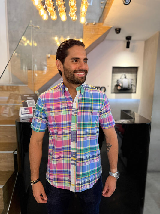 Camisa Polo R.L hombre Manga Corta Oxford Cuadros Colores Caballo Azul