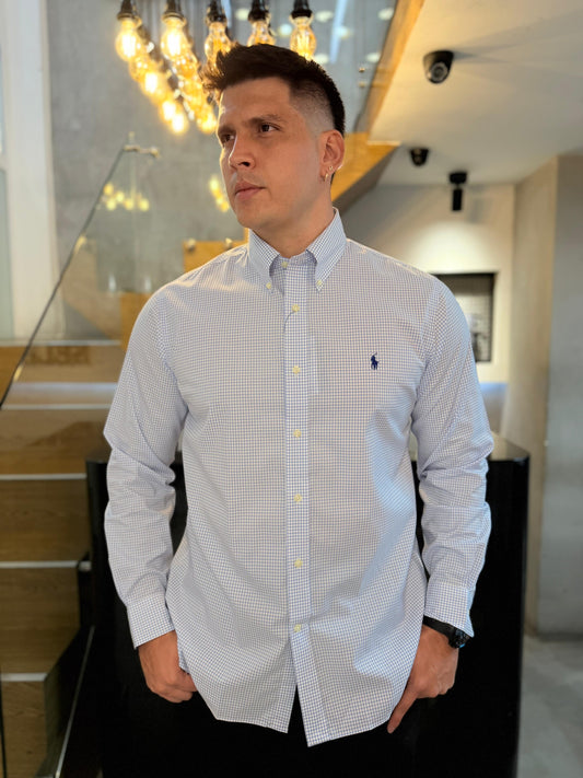 Camisa Polo R.L hombre Algodón Custom Fit Cuadros Azules Caballo Azul