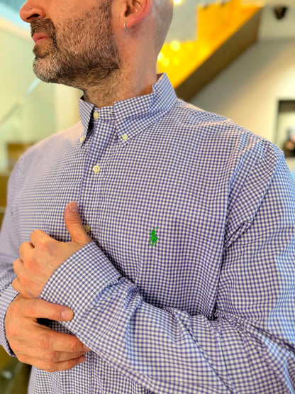 Camisa Polo R.L hombre Algodón Cuadros Morados Con Blanco Caballo Verde