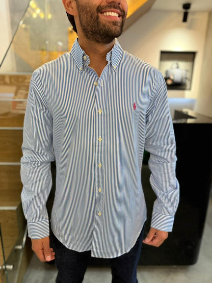 Camisa Polo R.L hombre Slim Fit Algodón Rayas Celestes Con Blanco Caballo Fucsia