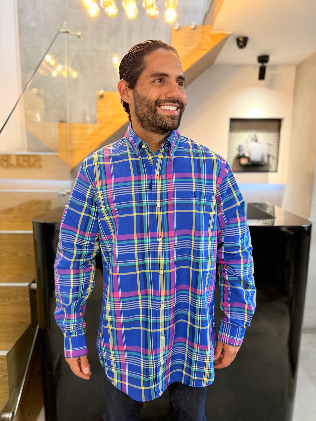 Camisa Polo R.L hombre Algodón Cuadros Azules Con Colores Caballo Azul