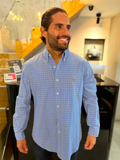 Camisa Polo R.L hombre Oxford Cuadros Azules Caballo Multicolor
