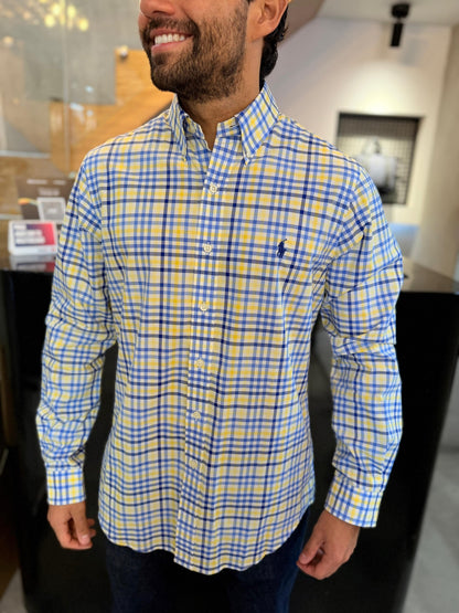 Camisa Polo R.L hombre Algodón Cuadros Amarillos Con Azul Caballo Azul