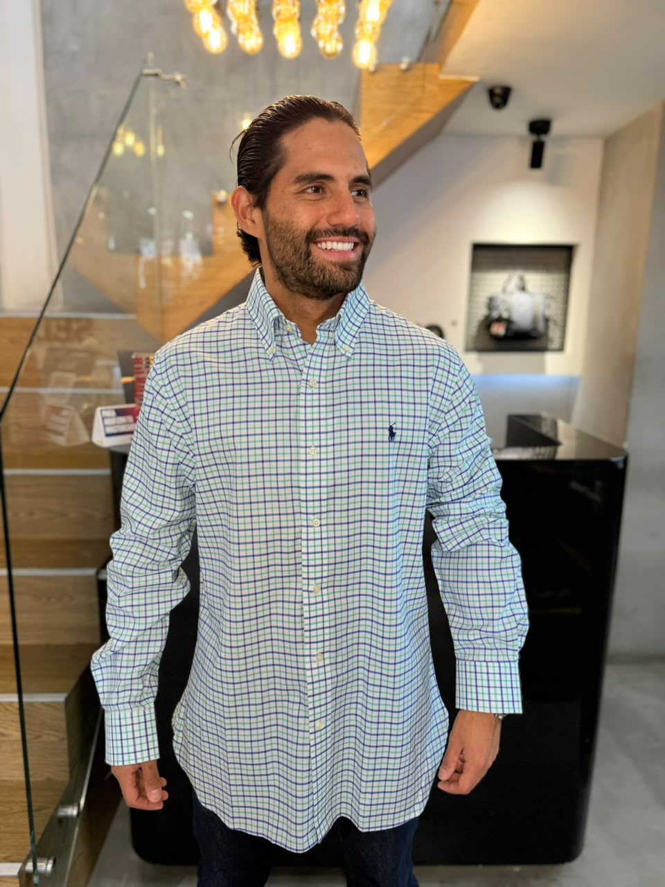 Camisa Polo R.L hombre Algodón Custom Fit Cuadros Blancos Con Verde Caballo Azul