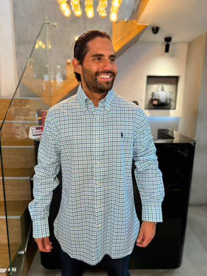 Camisa Polo R.L hombre Algodón Custom Fit Cuadros Blancos Con Verde Caballo Azul