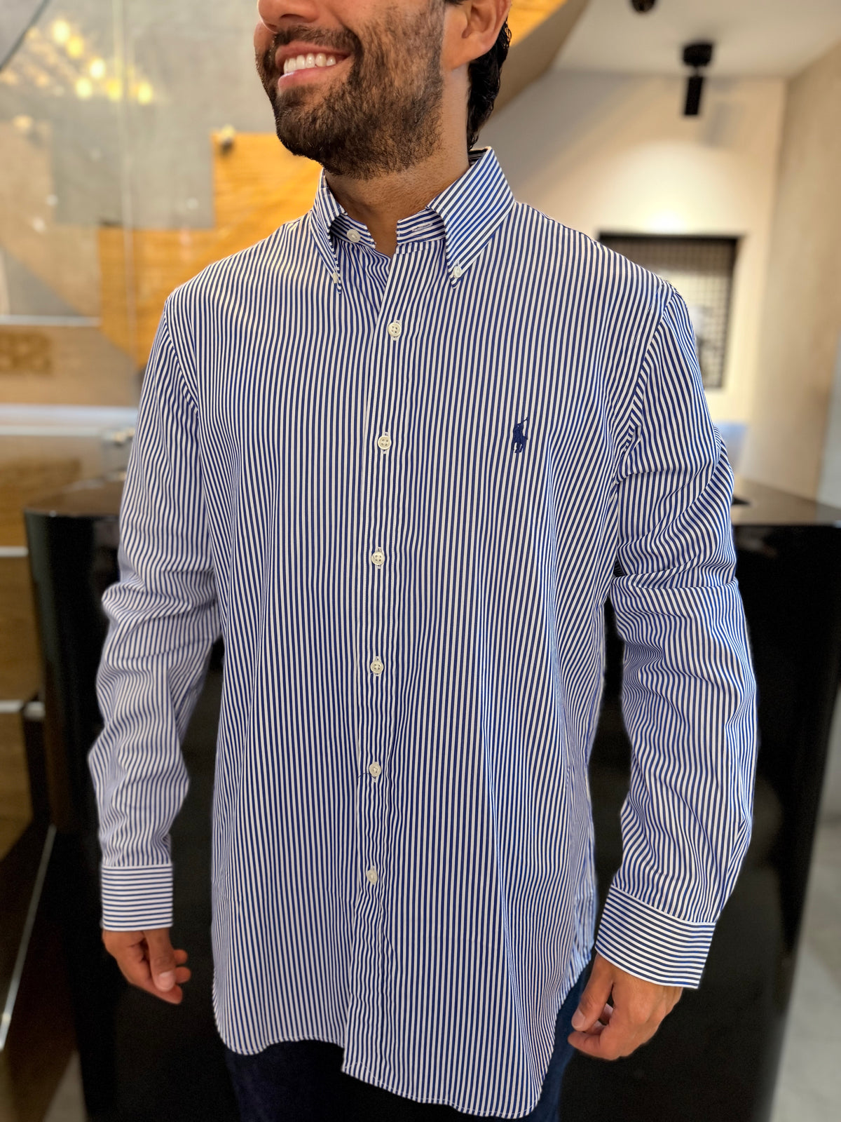 Camisa Polo R.L hombre Algodón Rayas Azules Con Blanco Caballo Azul