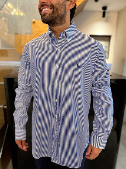 Camisa Polo R.L hombre Algodón Rayas Azules Con Blanco Caballo Azul