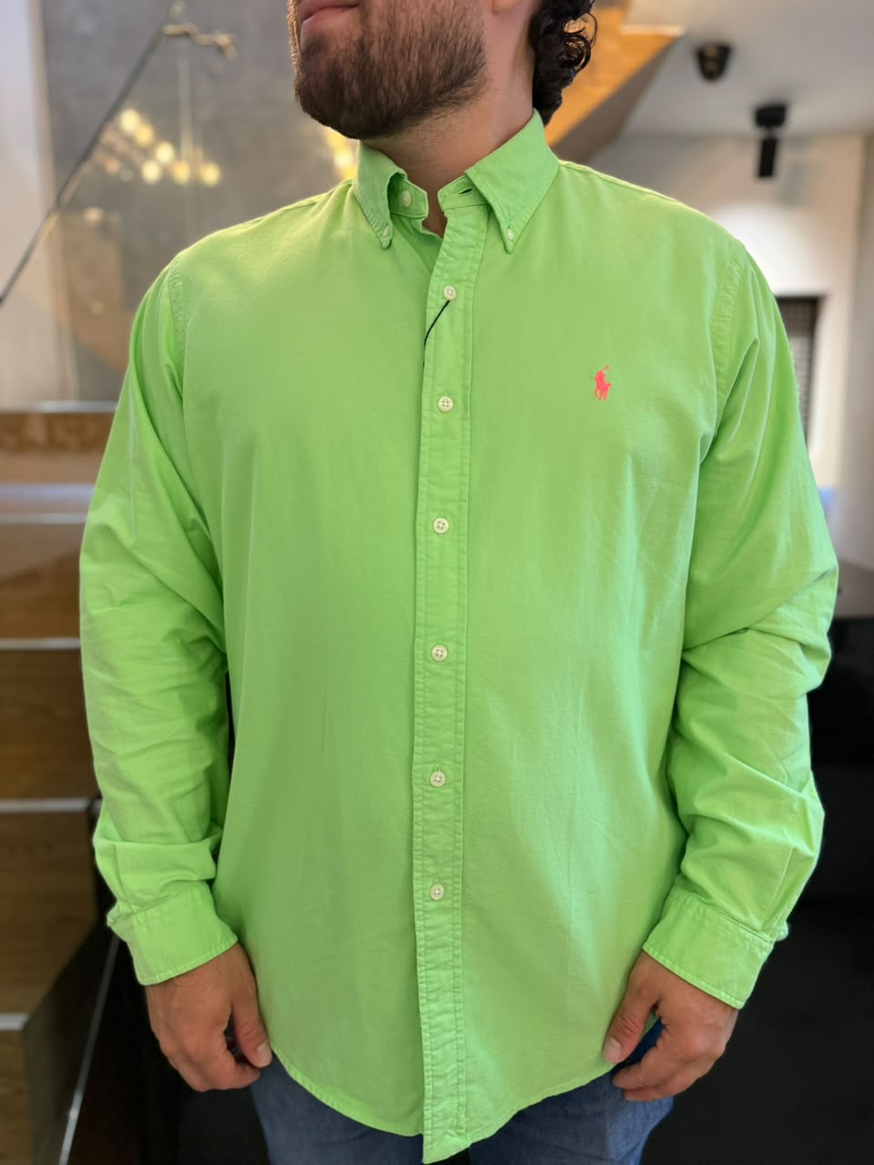 Camisa Polo R.L hombre Oxford  Verde Limón Caballo Rosa Neón