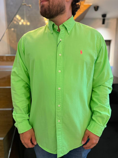 Camisa Polo R.L hombre Oxford  Verde Limón Caballo Rosa Neón
