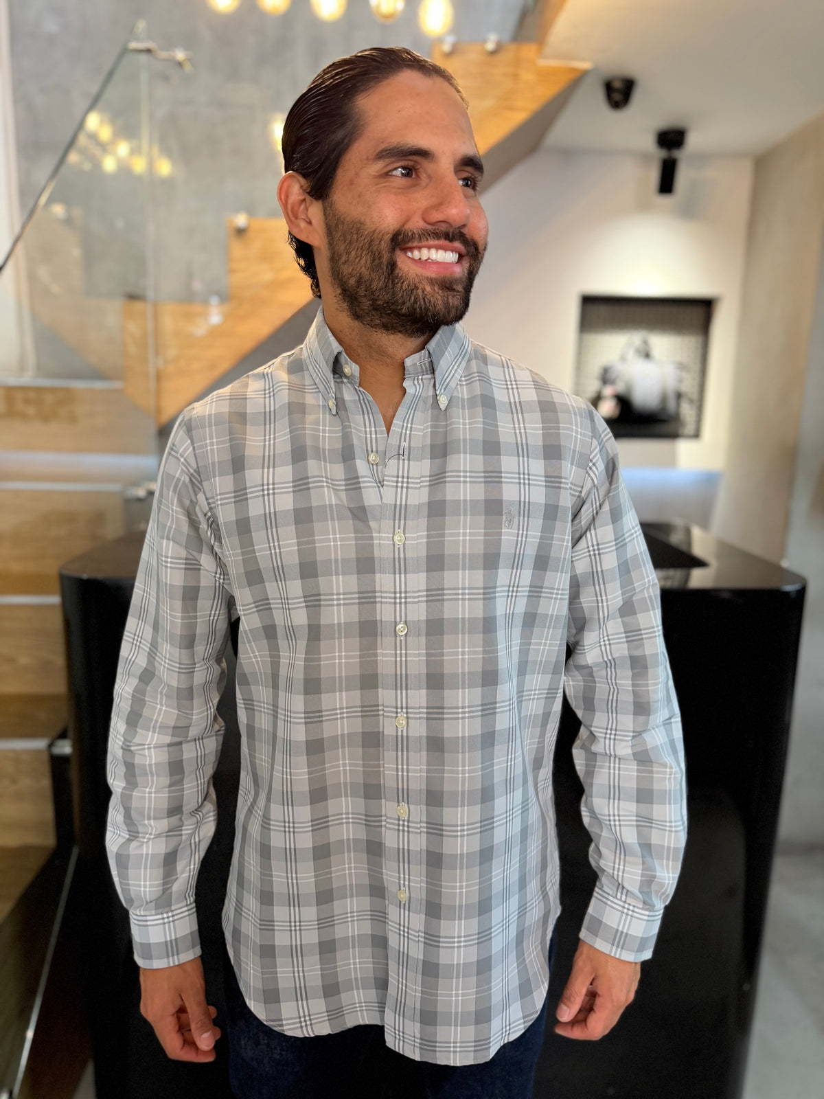 Camisa Polo R.L hombre Algodón Cuadros Grises Caballo Gris