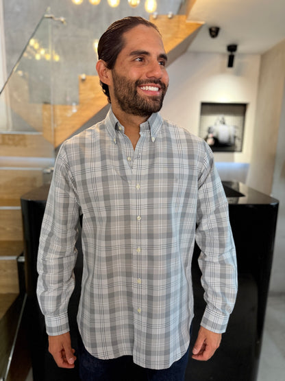 Camisa Polo R.L hombre Algodón Cuadros Grises Caballo Gris